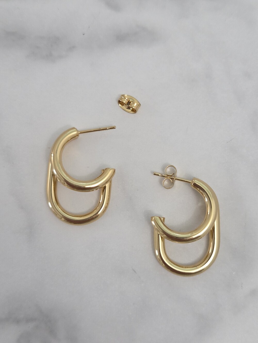 Gold Double Hoop Earrings Chubby Oval Huggie Hoops Statement - Picture 5 of 12